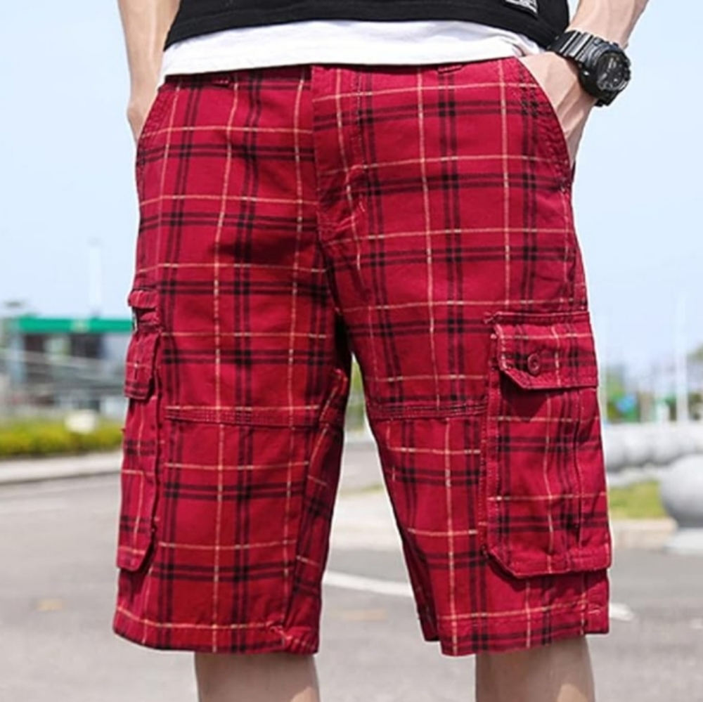 Men's Red Plaid Cargo Shorts